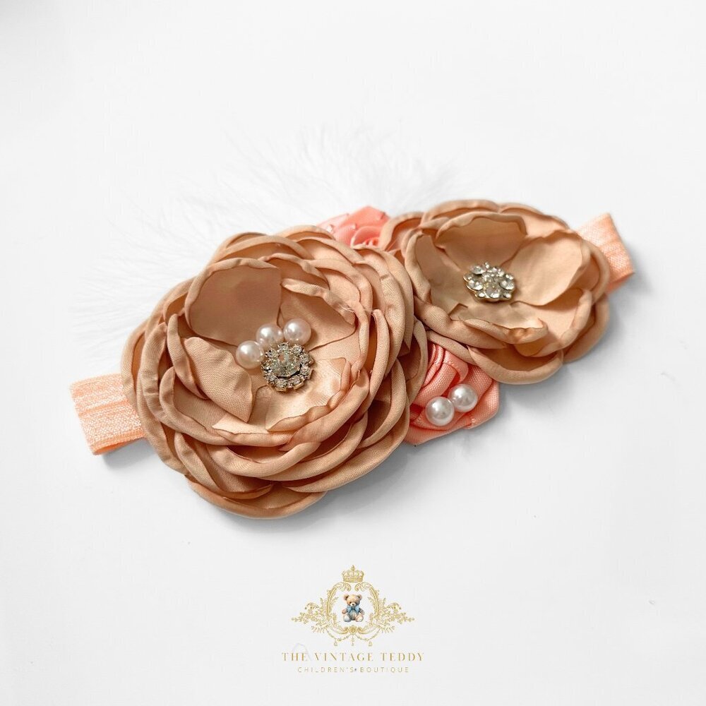 NWT Pretty Vintage Inspired Girls Headband Floral Beaded Feathers Caramelo OS